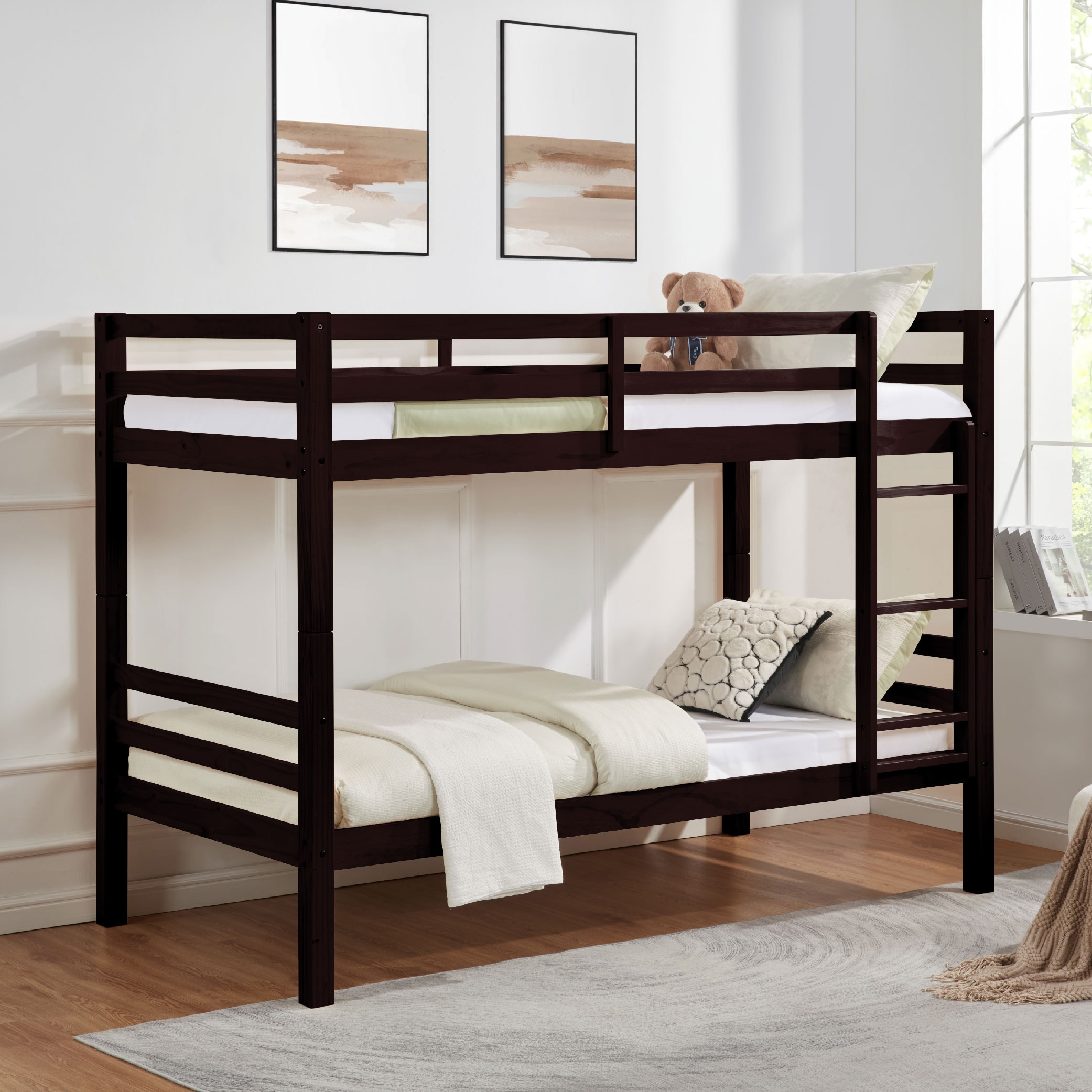Twin Over Twin Bunk Bed With Thick Posts,Wooden Bunk Bed With High Guardrail And Ladder For Kids, Teens, Dorm Rooms, And Guest Rooms,No Box Spring Needed,Espresso_voghion.com